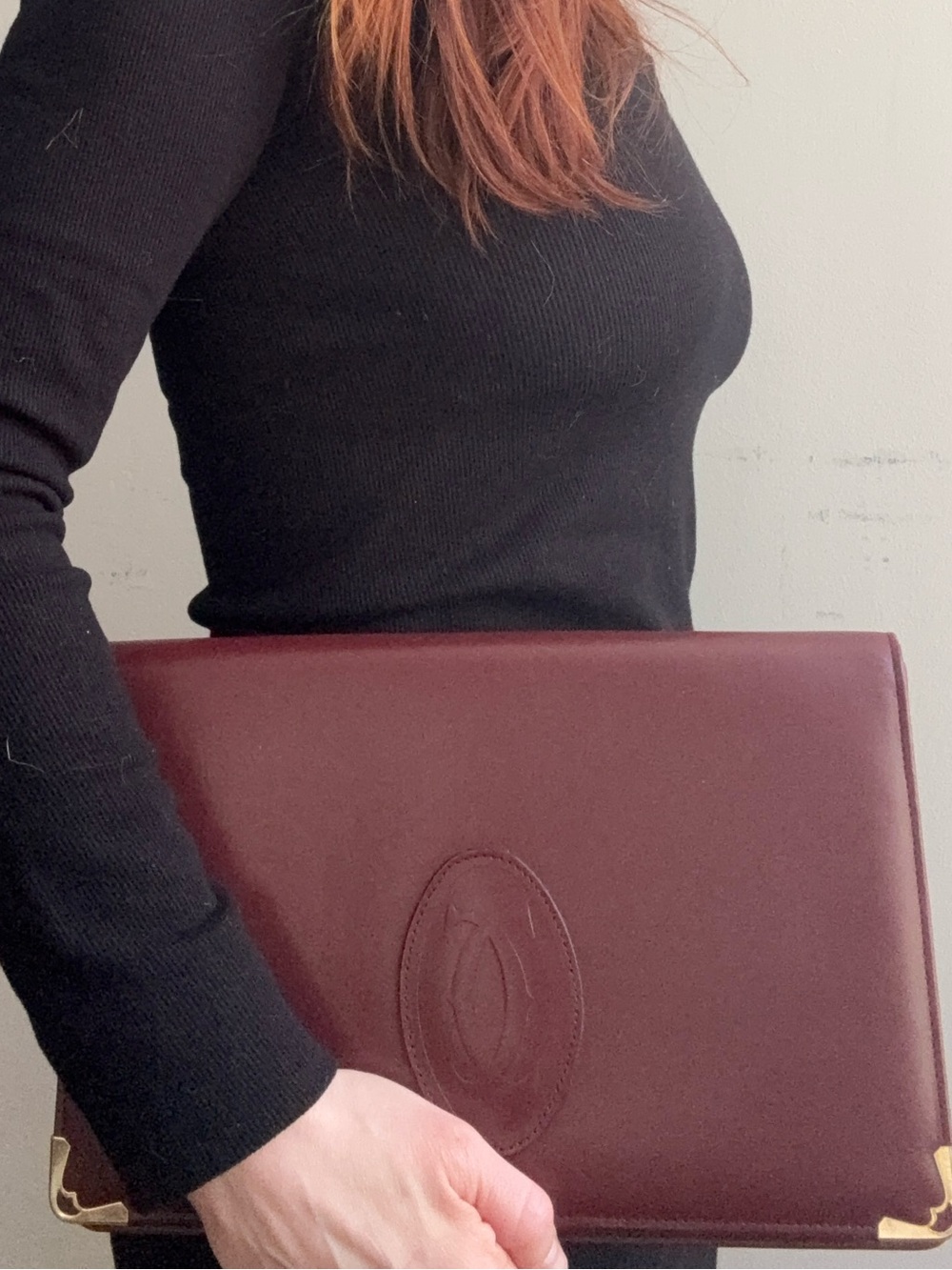 Cartier Must de Cartier Burgundy Leather Clutch Bag Gold Corner Hardware Vintage